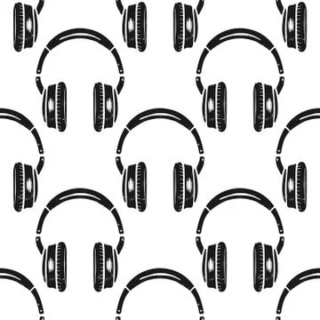 Headphones seamless pattern. Music symbol, silhouette distressed style. Musical Stock Illustration