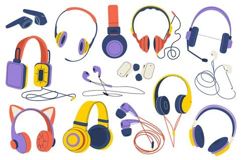 Headphones set graphic elements in flat design. Bundle of devices for listeni Illustrazione stock