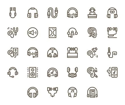 Headphones Vector Icon Collection featuring 28 Pixel Aligned 64x64 Bold Lin.. Stock Illustration