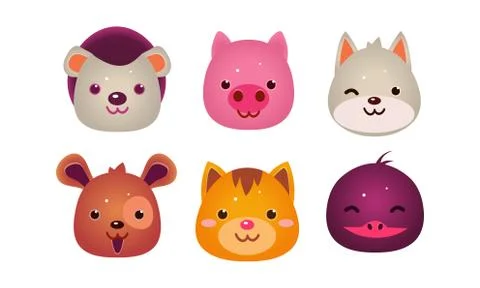 Heads of cute animals set, bear, face of dog, cat, bird, pig, user interface Stock Illustration