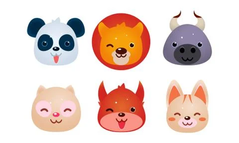 Heads of cute animals set, bear, face of panda, bear cow, cat, dog, squirrel Stock Illustration