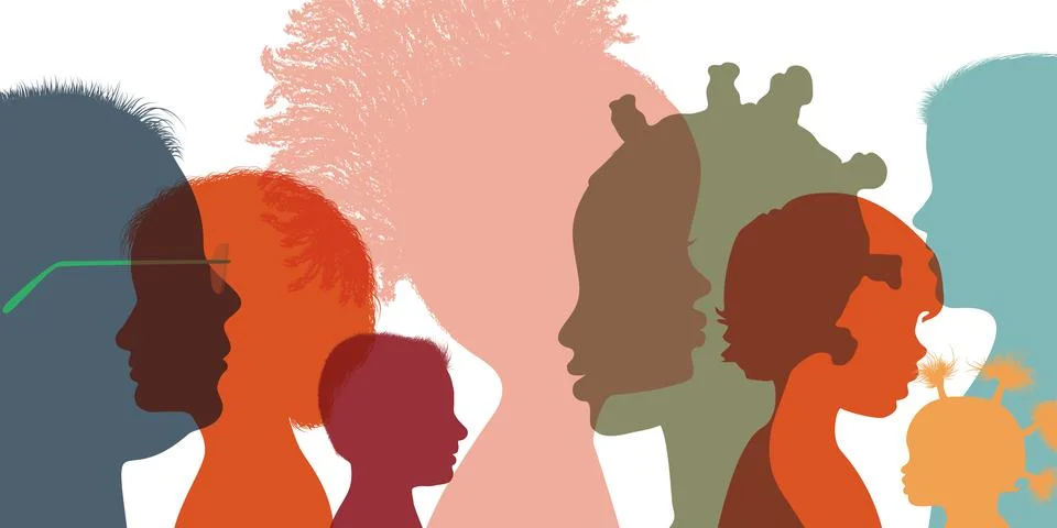 Heads faces colored silhouettes multicultural  diversity children in profile Stock Illustration