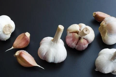 Heads of garlic over dark Stock Photos