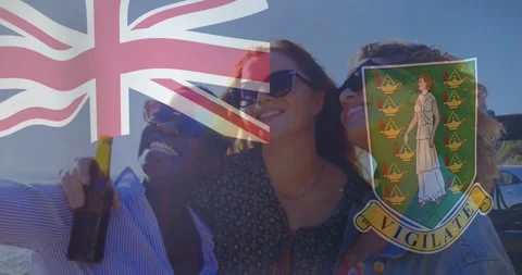 Heads leaning, trio pulling closer, raising bottle and posing under UK flag, Video stock 331571096