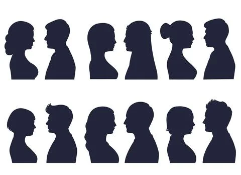 Heads in profile. Different human heads, male and female with various hairstyles Stock Illustration