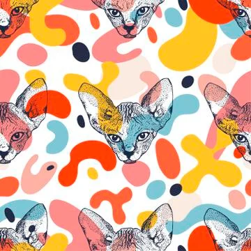 Heads Sphinx kittens seamless pattern with colorful spots. The cat is spotty. Stock Illustration