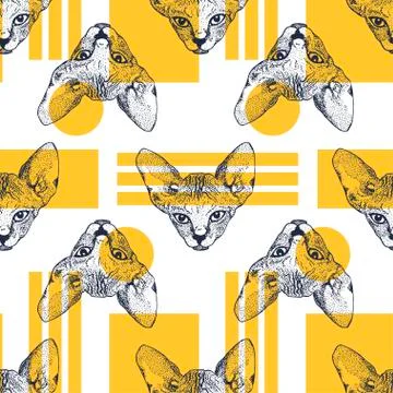 Heads Sphinx kittens seamless pattern with yellow geometric shapes. The cat i Stock Illustration