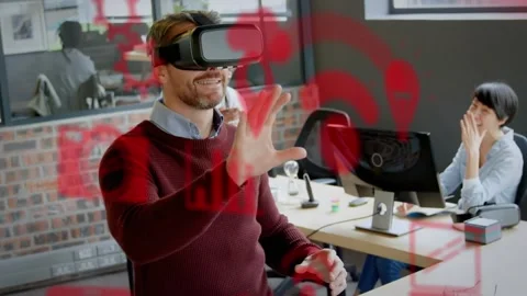 Headset activating, engineer demoing VR or AR tech, swiping red AR icons and Stock Footage 326974924