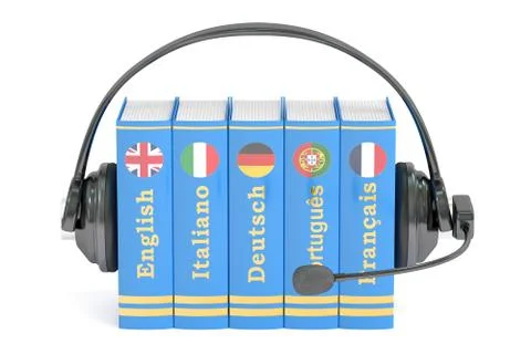 Headset and books, languages learning and translate concept. 3D rendering Illustrazione stock