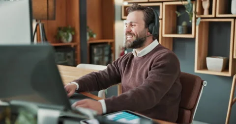 Headset, computer and businessman in office with call center, crm or online Stock Footage 341559793