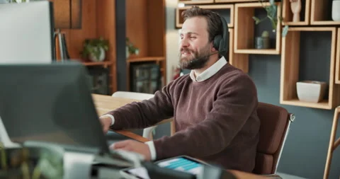 Headset, computer and businessman in office with customer service, crm or online Stock Footage 341573156