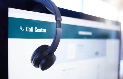 Headset, computer or screen in call center, customer service or contact us Stock Photos