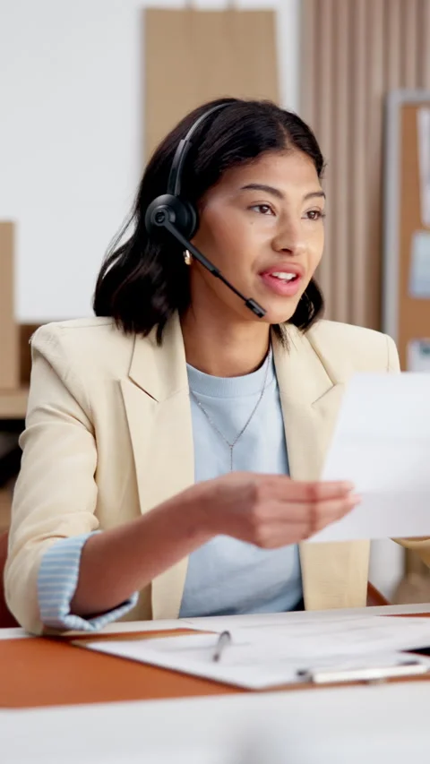 Headset, document and woman in office for logistics feedback, customer support Stock Footage 346770997