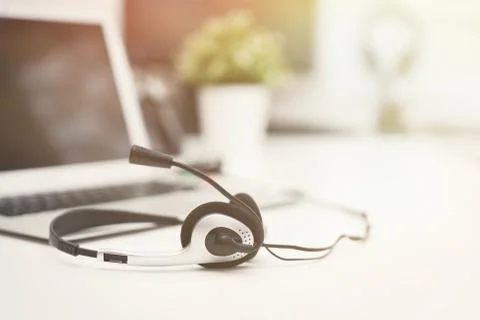 Headset, hotline support concept in office 스톡 사진