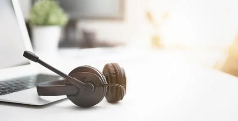 Headset, hotline support concept in office 스톡 사진