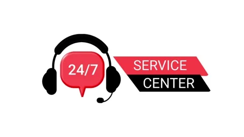 A headset icon with a red 24/7 speech bubble and service center banners animates Stock Footage 335668004