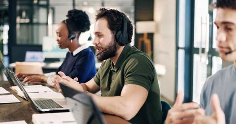 Headset, laptop and technical support consultant in office for crm, help de.. Stock Photos