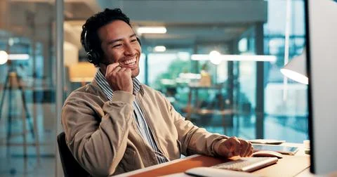 Headset, laughing and support with man in call center for assistance, consu.. Stock-Fotos