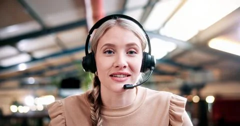 Headset, online class and portrait of woman in library for video call, know.. Stock Photos