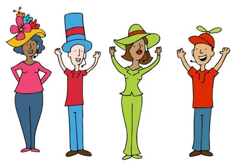 Headset Operator Workers Wearing Funny Hats Stock Illustration