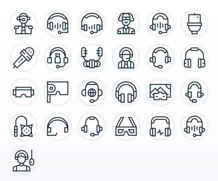 Headset Professional Vector Set with 25 Regular Line Pixel Aligned Retina R.. Stock Illustration