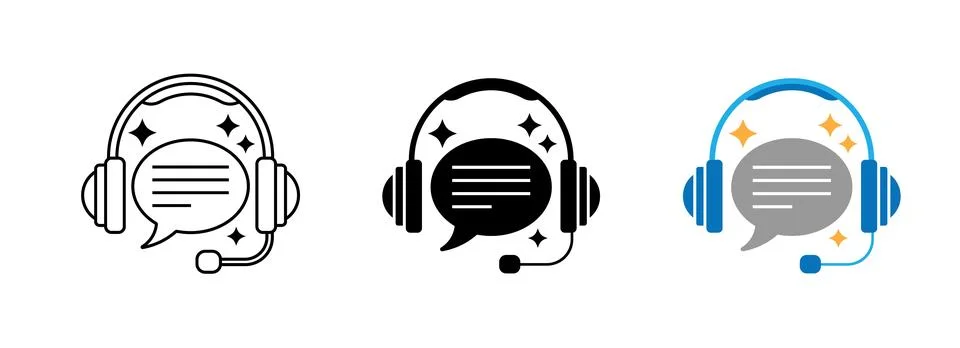 Headset with speech bubble and sparkles in outline solid and color headphone Stock Illustration