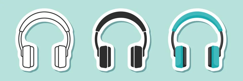 Headset sticker icon set collection in flat style. Earphone vector illustra.. Illustrazione stock