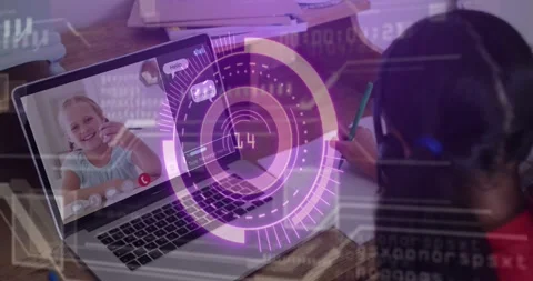 Headset student writing while laptop student waves starting purple HUD timer for Stock Footage 330577273