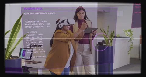 Headset user reaching and tablet user tapping, adjusting BUSINESS INTEL Stock Footage 330933978