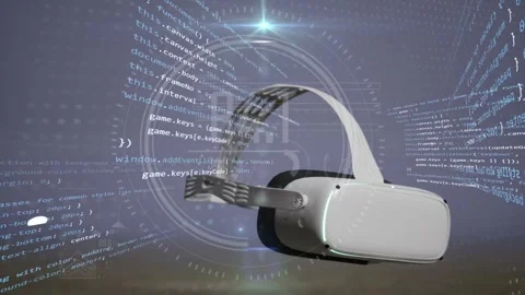 Headset vr device rotating on blurred background with programming c++ code Stock Footage 280742023