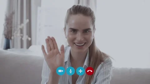 Headshot portrait screen application view of happy young woman speak talk on Video stock 131314295