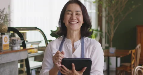 Headshot SME work at cafe pub owner enjoy menu online platform app. Stock Footage 166420111