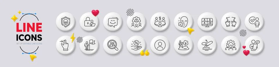 Headshot, Team work and Move gesture line icons. For web app, printing. White Stock Illustration