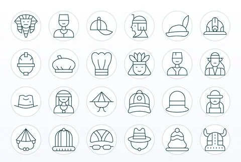 Headwear Visual Pack containing 24 Thin Line Detail Enhanced Vector Icons Illustrazione stock