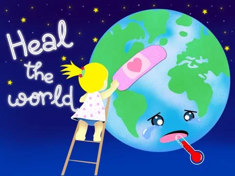 Heal the world theme, with a little kid and the globe in the night sky backgroun Stock Illustration
