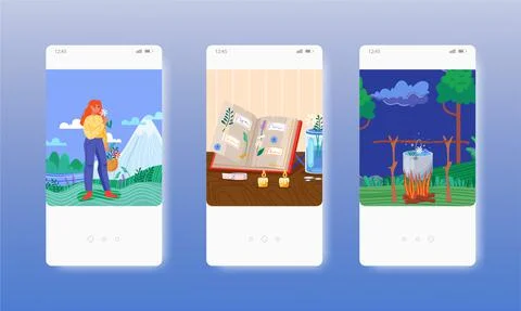 Healer gathering herbs, magic potion. Occultism. Mobile app screens, vector Stock Illustration