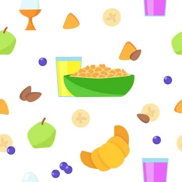 Healhy Breakfast Seamless Pattern. Orange juice, porridge, boiled egg, croiss Stock Illustration