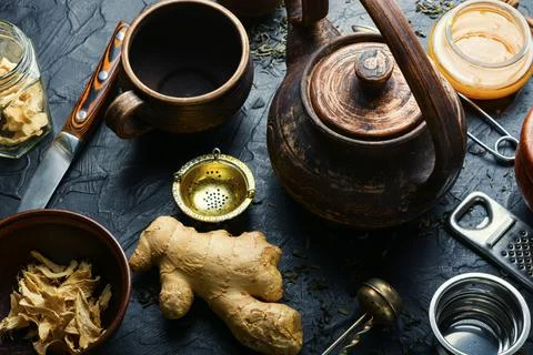 Healing tea with ginger Stock Photos