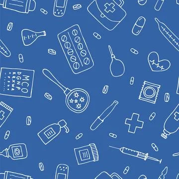 Health care seamless pattern. Hand drawn medicine elements. Pharmacy, medic.. Stock Illustration