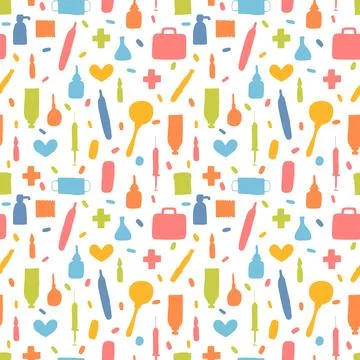 Health care seamless pattern. Hand drawn medicine elements. Pharmacy, medic.. Illustrazione stock