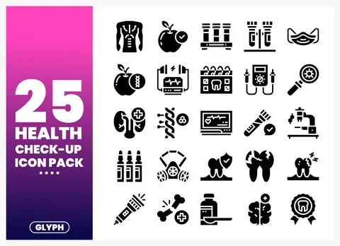 Health check-up icon pack featuring medical symbols in a clean glyph style... Stock Illustration