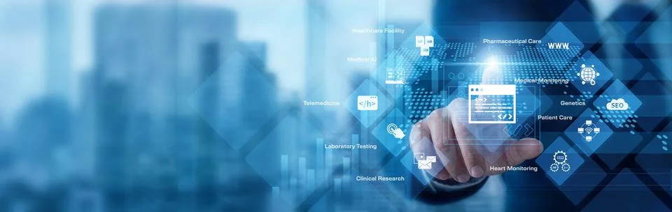 Health expert analyzing digital data pointing hand at HealthTech system gra.. Stock Photos