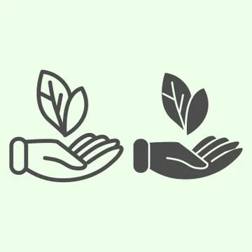Health in hand line and solid icon. Hand and natural beauty leaf outline style Stock Illustration