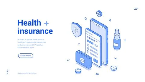 Health insurance isometric web banner template. Online service for medical pr Stock Illustration