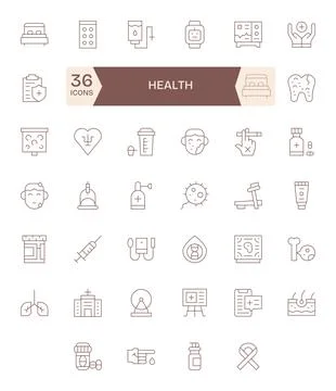 Health Pixel Optimized Vector Set with 40 64x64 Thin Line Icons Stock Illustration