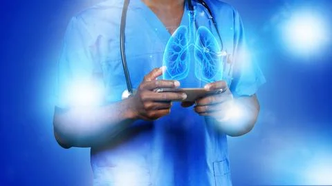 Health professional using smartphone to study lung anatomy in a digital Stock Photos