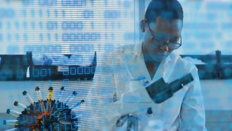 Health scientist pipetting solution into sample holder as binary code virus icon Stock Footage 309678718