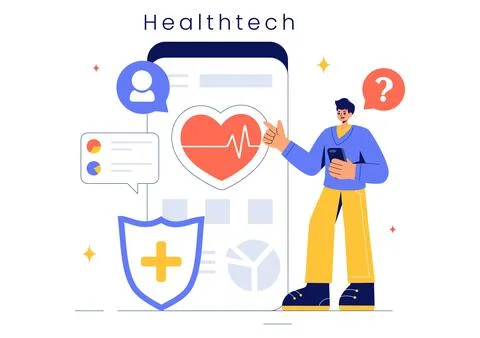 Health Tech Vector Illustration Featuring Modern High Technology Devices us.. Stock Illustration