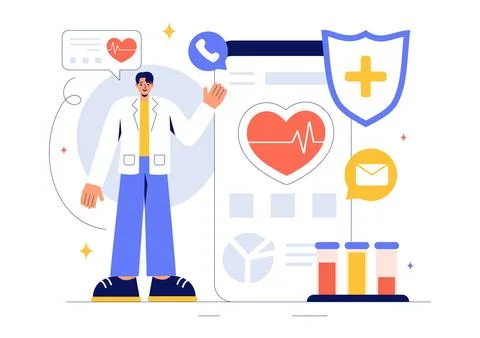 Health Tech Vector Illustration Featuring Modern High Technology Devices us.. Stock Illustration