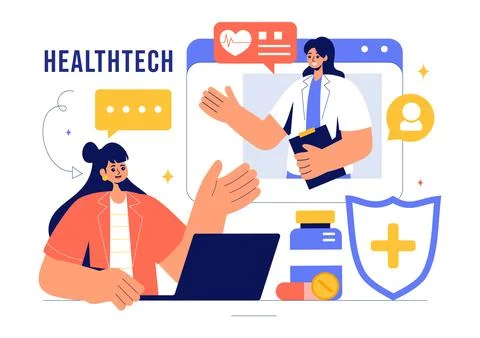 Health Tech Vector Illustration Featuring Modern High Technology Devices us.. Stock Illustration